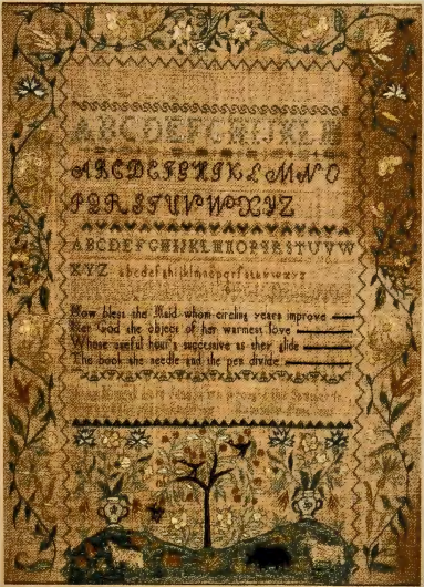 Figure 5.28: ANNE KIMBALL, Sampler, 1803. Silk and linen, 28 X 22 in (71.1 x 55 cm). The Peabody Essex Museum, Salem, Massachusetts.