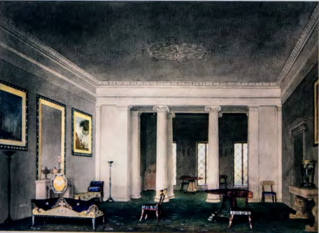 Figure 5.27: ANDREW JACKSON DAVIS ,Study for a Greek Revival Double Parlor, c. 1830. Watercolor, ink and wash, 13¼ x 18⅛ in (33.6 x 45.9 cm). New-York Historical Society.