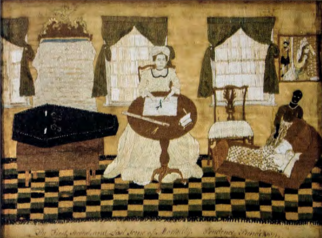 Figure 5.30: PRUDENCE PUNDERSON, The First, Second, and Last Scene of Mortality, c. 1778-83. Silk thread on silk, 12¾ x 17 in (32.3 X 43.1 cm). The Connecticut Historical Society, Hartford, Connecticut.