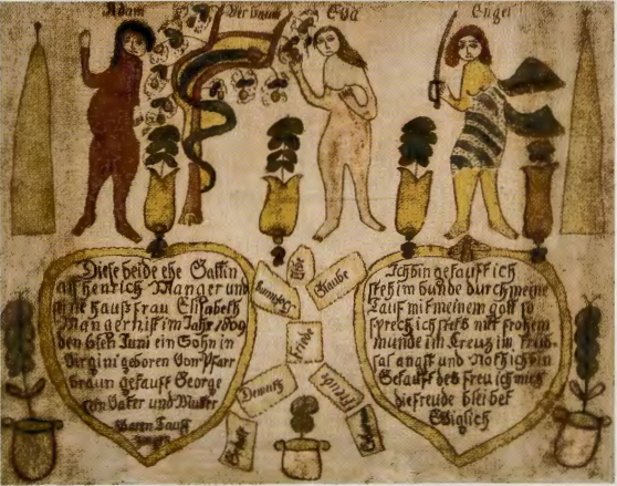 Figure 6.18: Friedrich Bandel, Birth and baptismal certificate for George Manger, c. 1810. Watercolor and ink on paper, 11⅞ x 15⅛ in (30.2 x 38.3 cm). Abbey Aldrich Rockefeller Folk Art Museum, Colonial Williamsburg Foundation, Williamsburg, Virginia.