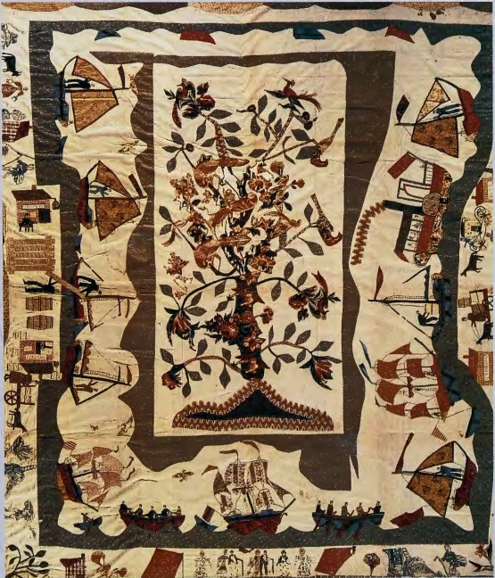 Figure 6.32: HANNAH STOCKTON STILES, Trade and Commerce Quilt, c. 1835. Cotton, chintz, sprig, and solid, 105 in (266.7 cm) high, 89 in (226 cm) wide. Fenimore Art Museum, Cooperstown, New York.