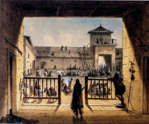 Figure 7.2: ALFRED JACOB MILLER, Interior of Fort Laramie, 1858-60. Watercolor on paper, 11⅝ x 14⅛ in (29.7 x 35.8 cm). Walters Art Gallery, Baltimore, Maryland. (See also p. 208)