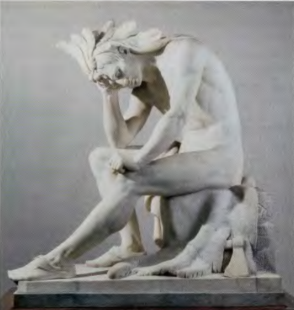 Figure 7.13: THOMAS CRAWFORD, The Indian: Dying Chief Contemplating the Progress of Civilization, 1856. Marble, 55 in (139.7 cm) high. New York Historical Society