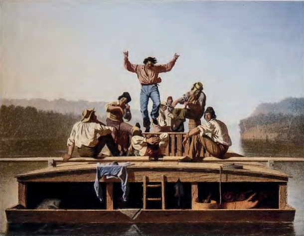 Figure 7.17: GEORGE CALEB BINGHAM, The Jolly Flatboatmen, 1846. Oil on canvas, 38⅛ X 48½ in (96. 7 x 123. 1 cm). Private Collection. On loan to the National Gallery of Art, Washington, D.C.