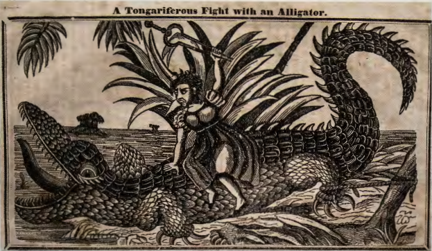 Figure \7.19: UNKNOWN ARTIST, A Tongariferous Fight with an Alligator, 1837, from Davy Crockett's Almanack of Wild Sports in the West, Life in the Backwoods, & Sketches of Texas, 1837. University of Tennessee Library, Nashville, Tennessee.