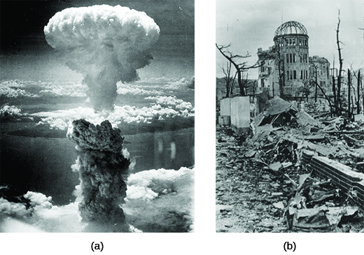 照片 (a) 显示了原子弹产生的巨大蘑菇云。 照片 (b) 显示了广岛的废墟，废墟中只剩下一座圆顶建筑的外壳。