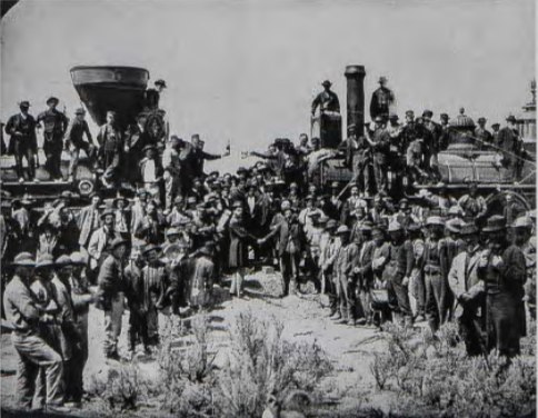 Figure 9.21: ANDREW J. RUSSELL, East and West Shaking Hands at Laying [of] Last Rail, 1869. Albumen print. Union Pacific Historical Museum, Omaha, Nebraska.