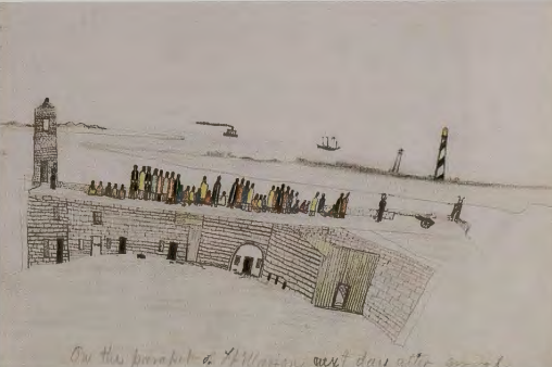 Figure 9.36: ZOTOM (KIOWA), On the Parapet of Fort Marion Next Day After Arrival, 1876-7. Graphite and colored pencil, 8½ x 11 in (21.5 x 27.9 cm). The National Cowboy and Western Heritage Museum, Oklahoma City. Arthur and Shifra Silberman Collection.