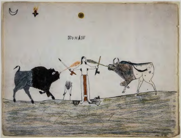Figure 9.37: WOHAW (KIOWA), Wohaw Between Two Worlds, 1876-7. Pencil and crayon on paper, 8¾ x 11¼ in (22.2 x 28.5 cm). Missouri Historical Society, St. Louis.