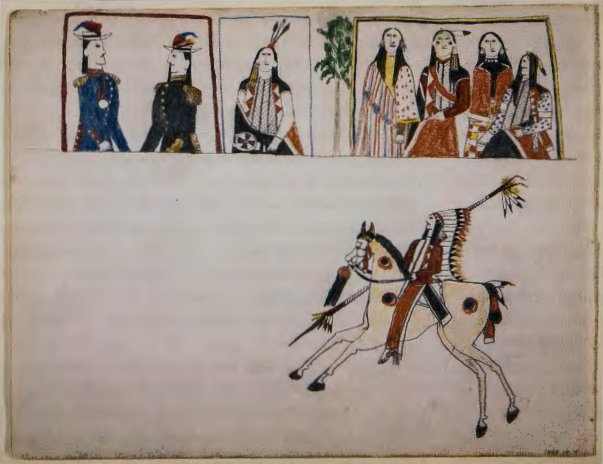 Figure 9.38: WOHAW (KIOWA), Warrior on Horseback with Three Portraits, 1876-7. Pencil and crayon on paper, 8¾ x 11¼ in (22.2 x 28.5 cm). Missouri Historical Society, St. Louis.