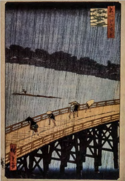 Figure 10.13: ANDO HIROSHIGE, Ohashi, Sudden Shower at Atake from the series One Hundred Views of Edo, 1857. Woodblock print, 13 3/16 x 8 11/16 in (33.5 x 22.3 cm). Private Collection.