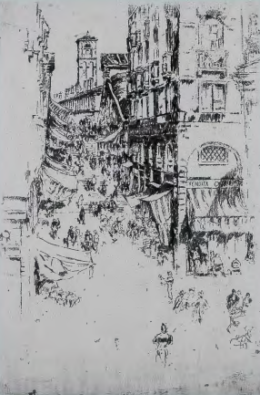 Figure 10.14: JAMES McNEILL WHISTLER, The Rialto, 1879- 80. Etching and drypoint, 11 7/16 x 7⅞ in (29 x 20 cm). National Gallery of Art, Washington, D.C. Rosenwald Collection.