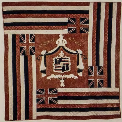 Figure 10.29: WILHELMINA EICHINGER & MRS. AMOS , Ku 'u Hae Aloha (My Beloved Flag), Hawai'ian quilt, c. 1900 , Cotton, 81⅛ x 84 in (205,9 X 213.3 cm).