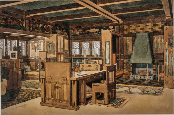 Figure 10.34: WILL H. BRADLEY, Drawing for a library. c. 1902. Graphite, ink and watercolor on paper, 25½ x 37½ in (64.8 x 95.3 cm). Published in Ladies' Home journal, 1905. Huntington Library, Art Collections and Botanical Gardens. Gift of the artist.