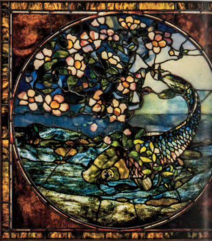 Figure 10.39: JOHN LA FARGE, Fish and Flowering Branch, c. 1896. Stained glass, 26½ x 26½ in (67.3 x 67.3 cm). Museum of Fine Arts, Boston, Massachusetts.