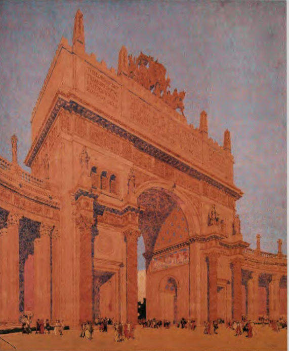 Figure 11.21: STANDFORD WHITE (architect), JULES GUERIN (renderer), Arch of the Rising Sun from the Court of the Universe, Panama-Pacific Exposition, San Francisco, 1915. Watercolor on paper, 40 X 38 in (IOI.6 X 96.5 cm). San Francisco Public Library, California.