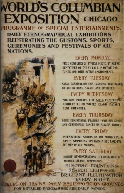 Figure 11.24: Programme, "World's Columbian Exposition Programme", 1893. Colored Lithograph, 48 x 28 in (121.9 x 71.1 cm). National Museum of American History, Smithsonian Institution, Washington, D.C.