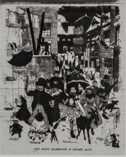 Figure 12.6: GEORGE LUKS, New Year's Celebration in Hogan's Alley, 1896, from New York World, Sunday December 27, 1896, "Comic Weekly" page. Clyde Singer Collection.