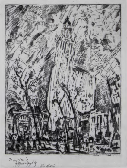 Figure 12.20: JOHN MARIN, Woolworth Building: The Dance, 1913. Etching, 13 x 10½ in (33 x 26.6 cm). Art Institute of Chicago, Illinois. Alfred Stieglitz Collection, 1949.
