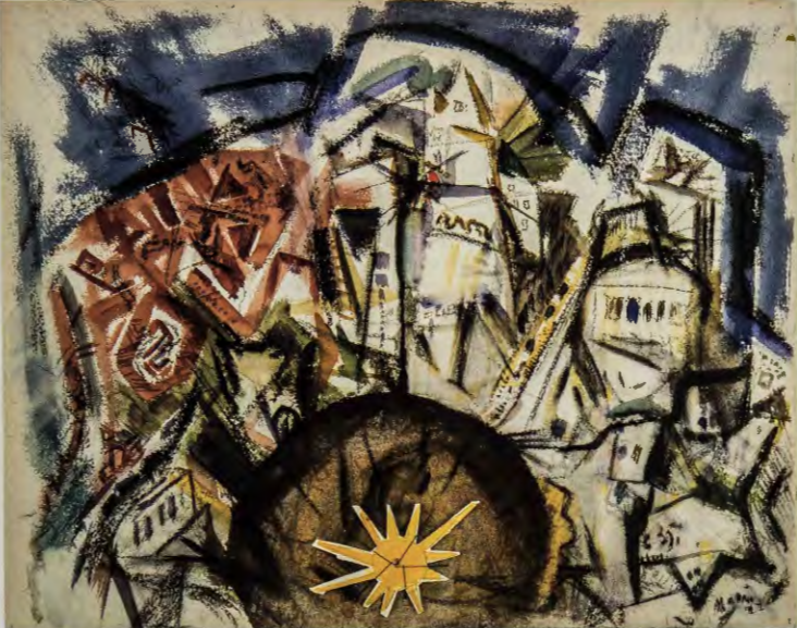 Figure 12.21: JOHN MARIN, Lower Manhattan (Derived.from Top of the Woolworth Building), 1922. Watercolor and collage on paper, 21⅝ x 26⅞ in (54.8 x 68.3 cm). Museum of Modern Art, New York.
