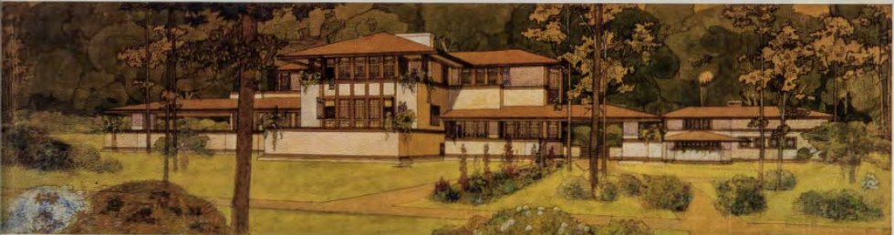 Figure 13.27 B: FRANK LLOYD WRIGHT, Ward Willits House, facade and plan, 1902-03. Crayon, gouache, ink, and ink wash on paper, 8½ x 32 in (21.5 x 81.2 cm). Frank Lloyd Wright Foundation. 