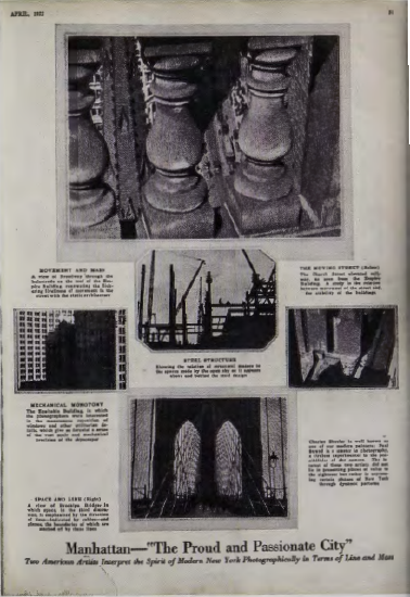 Figure 14.6: PAUL STRAND & CHARLES SHEELER, Film stills from Manhatta, 1921. Vanity Fair, April 1922.