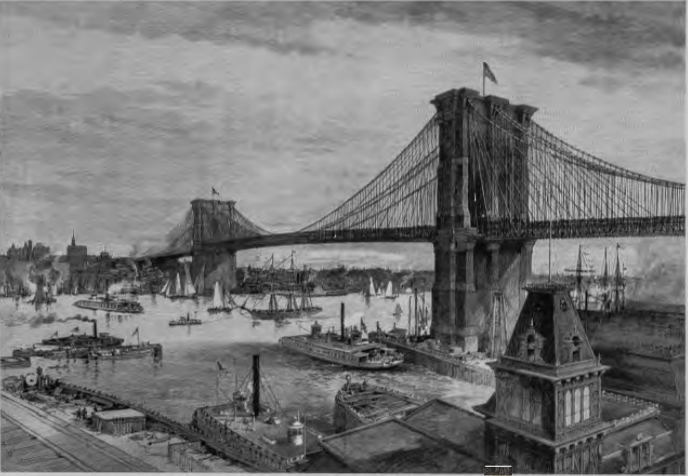 Figure 14.14: CHARLES GRAHAM, Brooklyn Bridge: General View, from Harper's Weekly, May 26, 1883. Print. Private Collection.