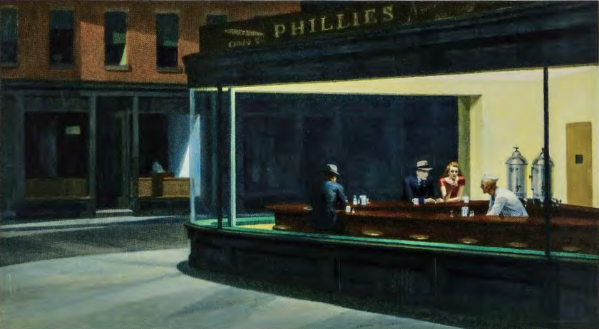 Figure 14.31: EDWARD HOPPER, Nighthawks, 1942. Oil on canvas, 33 X 56 11/16, in (76.2 x 144 cm). Art Institute of Chicago, Illinois. Friends of the American Art Collection.