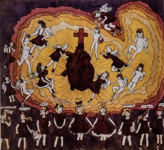 Figure 14.35: HENRY DARGER, Untitled (The Vivian Girls and the Sacred Heart), undated. Collage, pencil, and watercolor, 19 x 24 in (48.2 x 60.9 cm). Estate of Henry Darger, Andrew Edlin Gallery, New York.