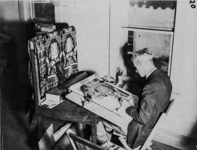 Figure 15.3: MAGNUS FOSSUM, a WPA artist, copying the 1770 coverlet "Boston Town Pattern" for the Index of American Design, Coral Gables, Florida, February 1940. National Archives, Smithsonian Institution, Washington, D.C. Records of the Works Project Administration.