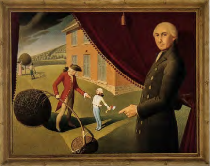 Figure 15.6: GRANT WOOD, Parson Weems' Fable, 1939. Oil on canvas, 30⅜ x 50⅛ in (77.2 x 127.4 cm). Amon Carter Museum, Forth Worth, Texas.