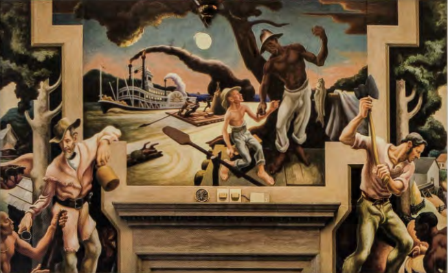 Figure 15.7: THOMAS HART BENTON, A Social History of Missouri: Pioneer Days and Early Settlers, 1936. Egg tempera on canvas, 25 fi x 14 fi 2 in (7.62 X 4.31 m). Missouri State Museum, Jefferson City.