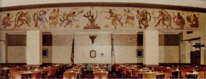 Figure 16.16: STEPHEN MOPOPE, Ceremonial Dance (Indian Theme), 1939. Oil on plaster, 6 x 50 ft (1.82 x 15.24 m). Mural. Indian Arts and Crafts section, Department of the Interior, Washington, D.C.