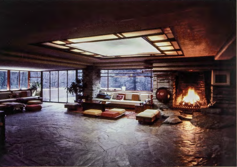 Figure 16.32: FRANK LLOYD WRIGHT, Fallingwater livingroom with fireplace, 1943- 8. Photograph.