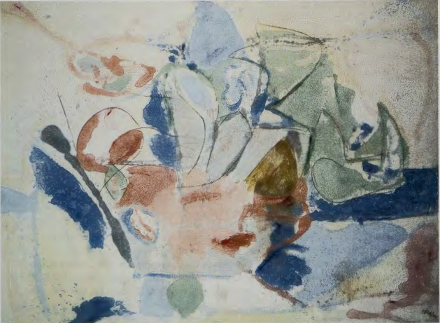 Figure 17.10: HELEN FRANKENTHALER, Mountains and Sea, 1952. Oil on canvas, 7 ft 2⅝ in X 9 ft 9¼ in (2.2 X 2.97 m). Collection of the artist, on extended loan to the National Gallery of Art, Washington, D.C.