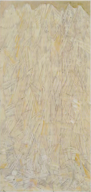 Figure 17.11: MARK TOBEY, Golden Mountains, 1953. Opaque watercolor on composition board, 39¼ X 18¼ in (99.7 x 46.4 cm). Seattle Art Museum, Washington. Gift of the Eugene Fuller Memorial Collection.