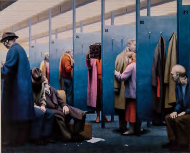 Figure 17.14: GEORGE TOOKER, The Waiting Room, 1959. Egg tempera on gessoed panel, 24 x 30 in (60.9 x 76.2 cm). National Museum of American Art, Smithsonian Institution, Washington, D.C.