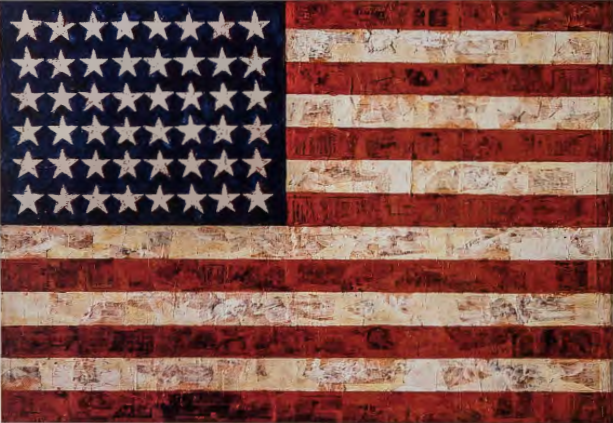 Figure 17.15: JASPER JOHNS, Flag, 1954-5. Encaustic, oil and collage on fabric mounted on plywood (three panels), 42¼ x 60⅝ in (107.3 x 154 cm). Museum of Modern Art, New York. Gift of Phillip Johnson.