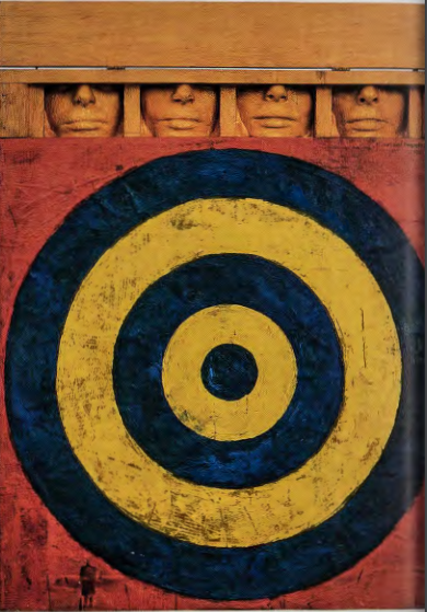 Figure 17.16: JASPER JOHNS, Target with Four Faces, 1955. Encaustic on newspaper and doth over canvas surmounted by four tinted-plaster faces in wooden box with hinged front, overall with box open: 33⅝ x 26 x 3 in (85.3 x 66 x 7.6 cm); canvas: 26 X 26 in (66 x 66 cm); box closed 3¾ x 26 X 3½ in (9.5 X 66 X 8.9 cm). Museum of Modern Art, New York. Gift of Mr. and Mrs. Robert C. Scull.