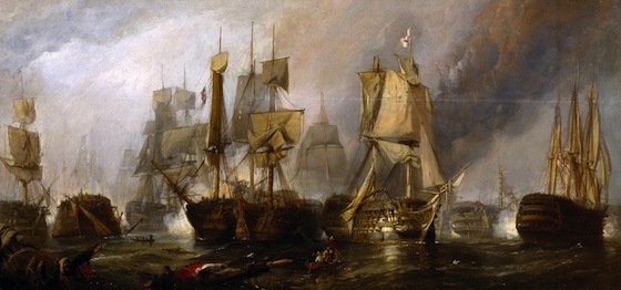 Clarkson Frederick Stanfield, Sketch for "The Battle of Trafalgar, and the Victory of Lord Nelson over the Combined French and Spanish Fleets," 1805 1833 (Tate, London). Stanfield may have depicted the Temeraire, illuminated in the foreground and flying the British flag.