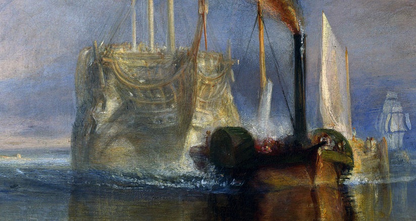 Temeraire and tugboat (detail), Joseph Mallord William Turner, The Fighting Temeraire, 1839, oil on canvas, 90.7 x 121.6 cm (The National Gallery, London)
