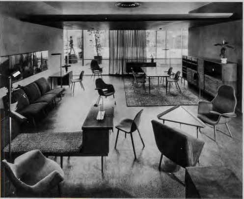 Figure 17.25: Installation view of furniture by Charles Eames and Eero Saarinen from Organic Design in Home Furnishings exhibition, Museum of Modern Art, New York, 1941. Museum of Modern Art, New York.