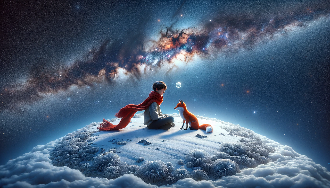 le petit prince et le renard sur un astéroïde