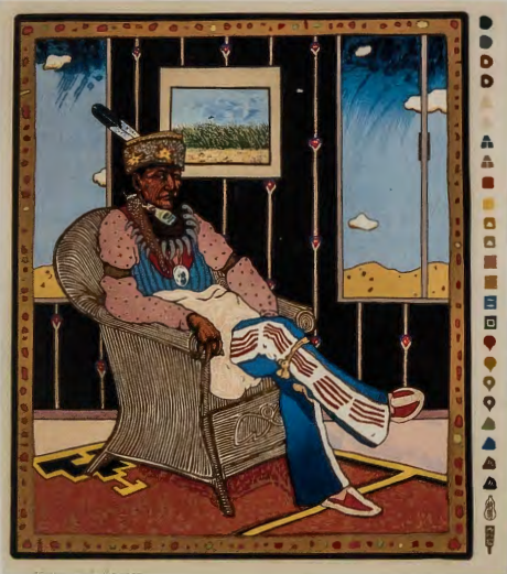 Figure 18.23: T.C. CAN NON, Collector no. 5 or Osage with Van Gogh, 1975. Color woodcut, after a painting by the artist, 25¼ x 21⅝ in (64.1 x 55.1 cm). Heard Museum, Phoenix, Arizona.