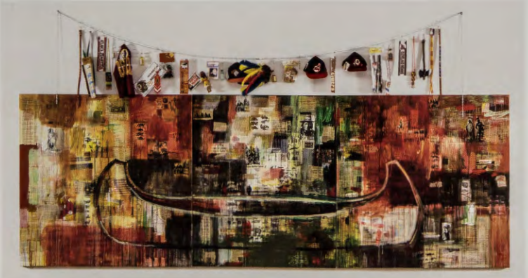 Figure 18.12: JAUNE QUICK-TO-SEE SMITH, Trade (Gifts for Trading Land with White People), 1992. Oil and mixed media on canvas, 5 ft X 14 ft 1 in (1.52 x 4.31 m). Chrysler Museum of Art, Norfolk, Virginia.