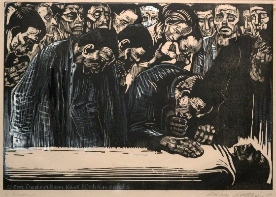 Käthe Kollwitz, Memorial Sheet of Karl Liebknecht (Gedenkblatt für Karl Liebknecht), 1919-1920, Woodcut heightened with white and black ink, 37.1 × 51.9 cm (Art Institute of Chicago)