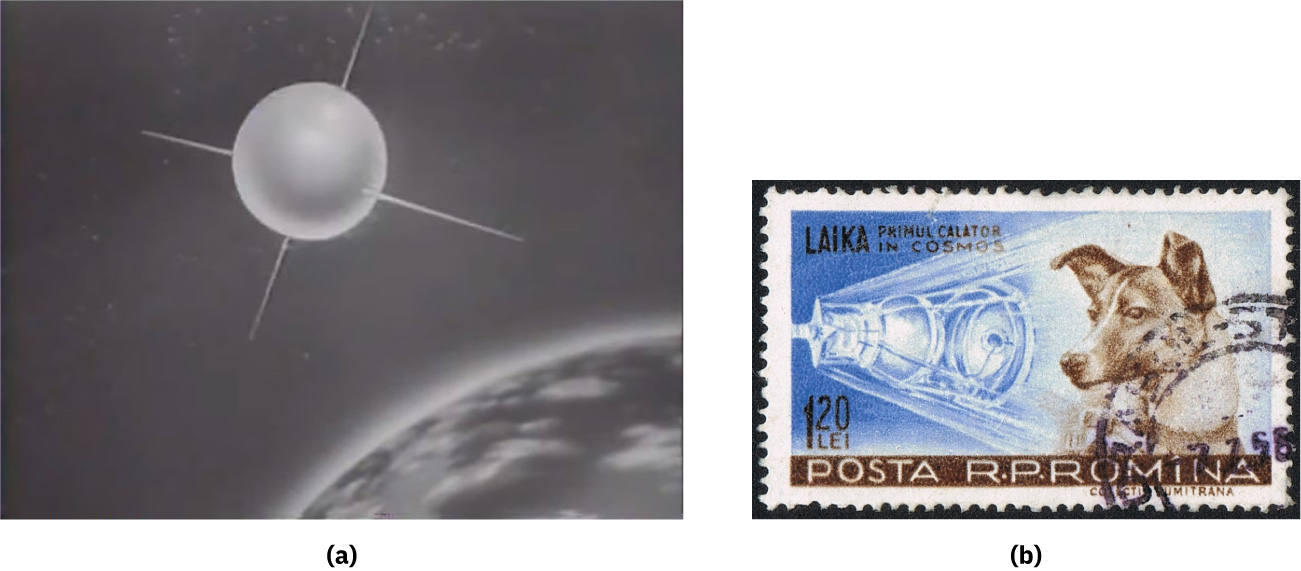 Part a is a drawing that shows a top portion of the Earth in the bottom right of the drawing. An orb with four projections coming off of it, one in each direction, is shown in the middle of the drawing floating in space above the Earth. Part b is a stamp that includes a dog. The stamp reads “Posta R.P.Romina” and “Kaika Primul Calator in Cosmos.”