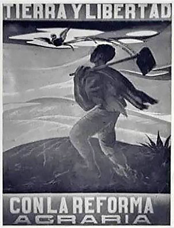 This poster shows a person in long pants, and a flowy shirt carrying a hoe over a rounded portion of land with a bush in the bottom right. A bird flies above the person. The caption at the top of the poster states “Tierra Y Libertad” in white block letters and the caption at the bottom states “Con La Reforma Agraria.”