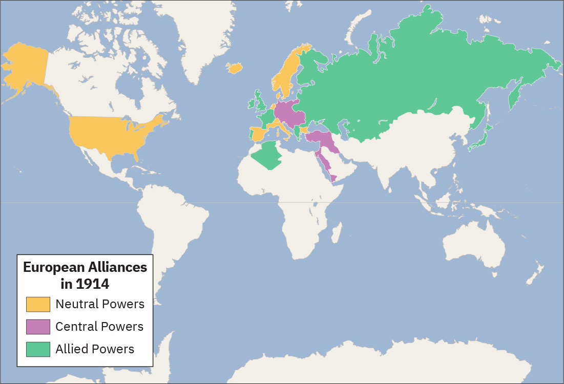 The map is titled “European Alliances in 1914.” Neutral powers are Iceland, Norway, Sweden, Spain, Netherlands, Bulgaria, Italy, Switzerland, Denmark, and United States. Central Powers are Germany, Austria-Hungary, Turkey, and the Ottoman Empire. Allied Powers are the Russian Empire, Japan, Ireland, Scotland, Wales, Portugal, France, Algeria, Belgium, Greece, Serbia, Albania, Romania.
