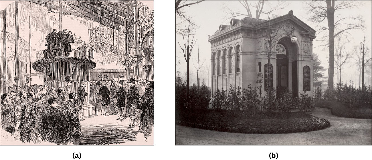 Illustration (a) shows a large number of men in hats and long coats examining a pumping facility. Some men stand on top of the machinery. Image (b) is an exterior photograph of a small building in a park which contains public toilets.